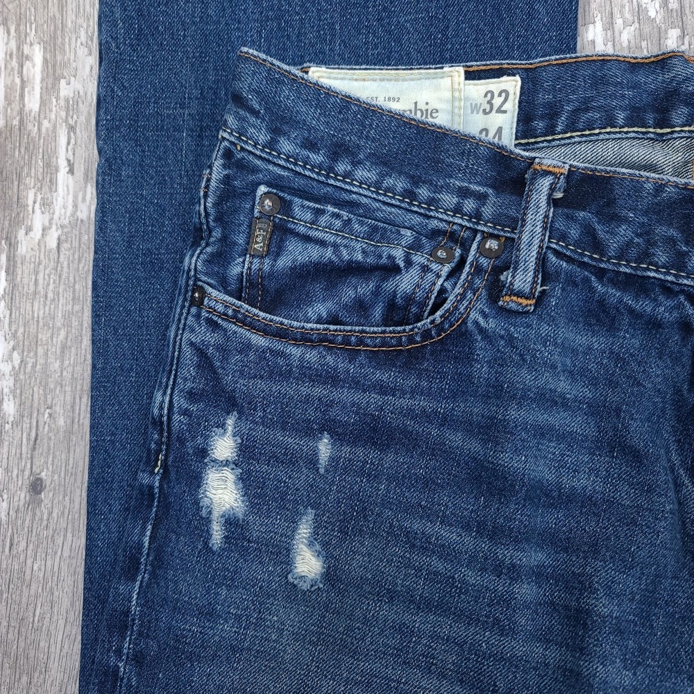 Abercrombie Fitch Mens 32x34 Baxter Low Slim Bootcut Jeans Blue Distressed Denim - Picture 5 of 10